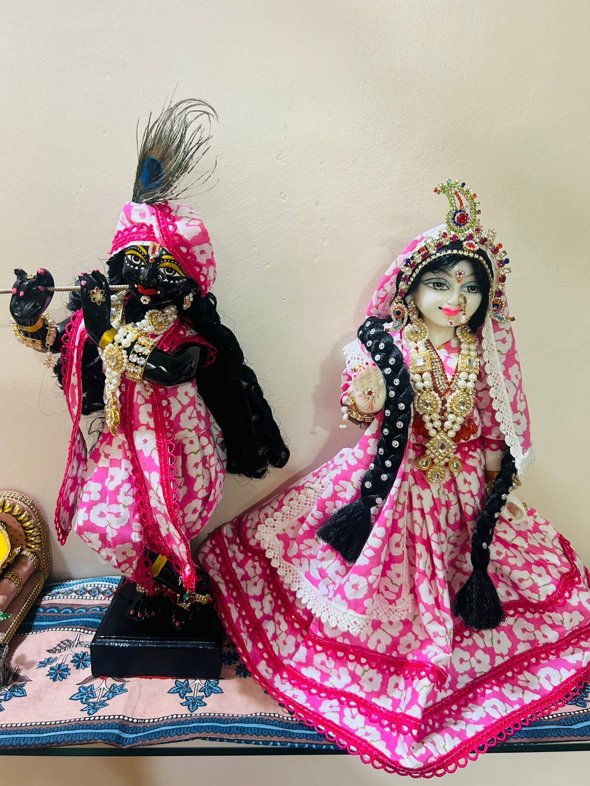 Printed Radha Krishna Poshak Set - Without Buckram (Rani Pink & White)